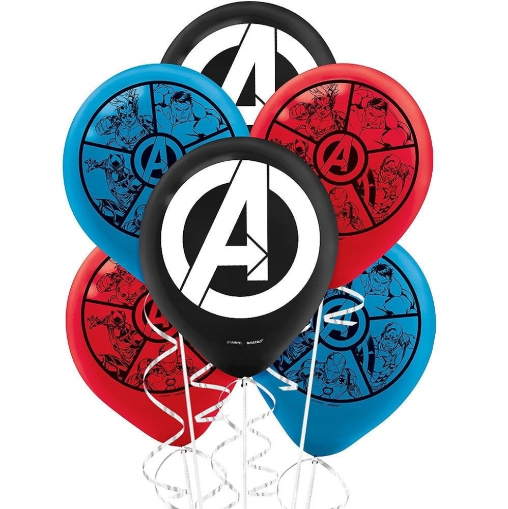 Marvel Avengers Assemble Latex Balloons, 12-Inch, 6-Pack - Red, Blue, Black